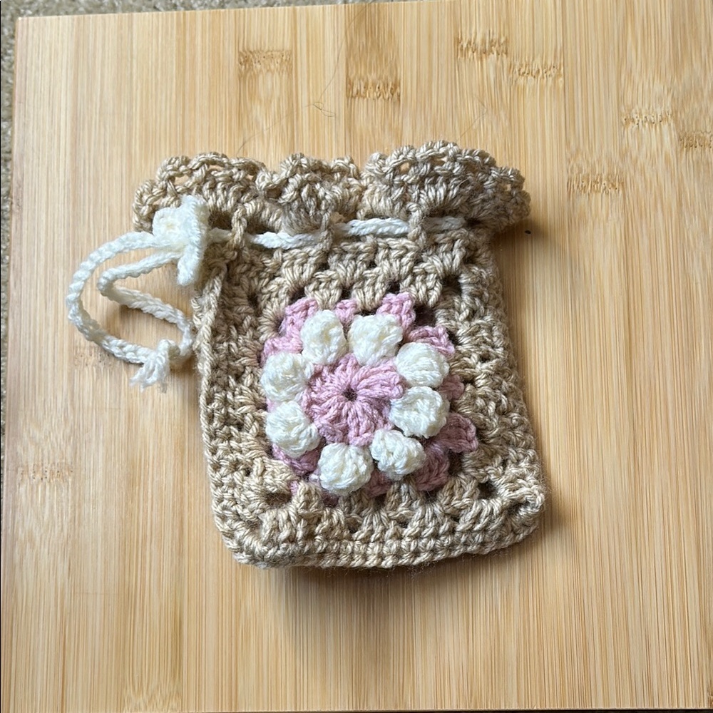 Handmade Crochet Drawstring Pouch with Floral Design